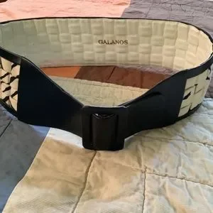 Vintage GALANOS leather and textile belt, 1960s. New condition unworn wide black Galanos | Accessories | Vintage Galanos Leather And Textile  main image 2